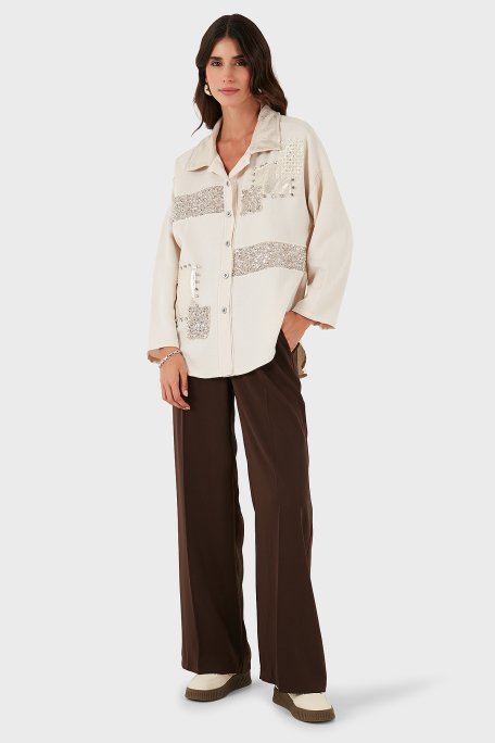 Via Dante Oversize Fit Pul Detaylı Uzun Kollu Kadın Gömlek 69143120 BEJ - Via Dante (1)