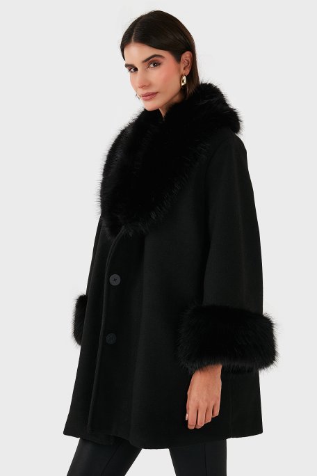 Via Dante Oversize Fit Şal Yaka Kürk Detaylı Astarlı Bayan Mont 690852 SİYAH - Via Dante (1)