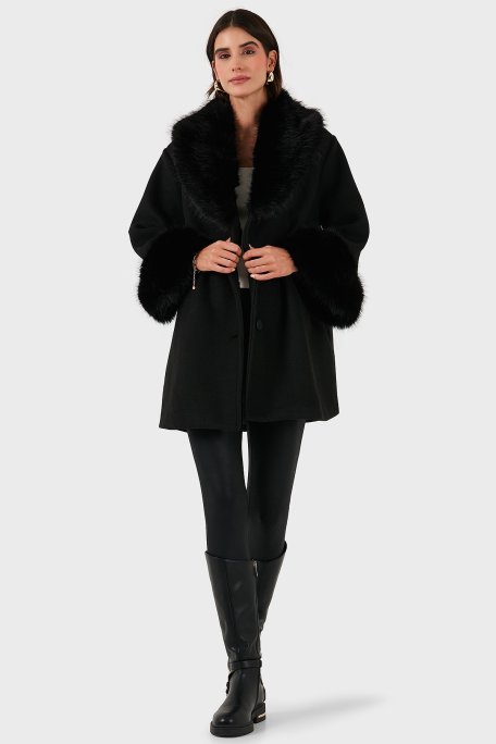 Via Dante Oversize Fit Şal Yaka Kürk Detaylı Astarlı Kadın Mont 690852 SİYAH - Via Dante