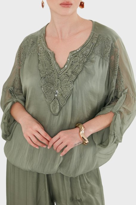 Via Dante Oversize Güpür Detaylı V Yaka Kadın Bluz 6909166 HAKİ - Via Dante