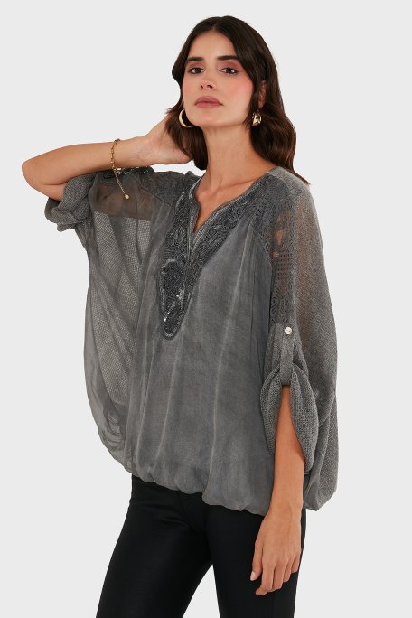 Via Dante Oversize V Yaka Pul Dantel Detaylı Bayan Bluz 690822 ANTRASİT - Via Dante