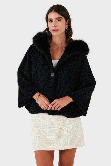 Via Dante Oversize Yumuşak Tüylü Kapüşon Truvakar Kollu Bayan Mont 690920 SİYAH - Via Dante