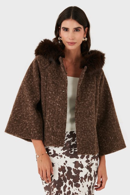 Via Dante Oversize Yumuşak Tüylü Kapüşonlu Truvakar Kol Astarlı Bayan Mont 690919 KAHVE - Via Dante