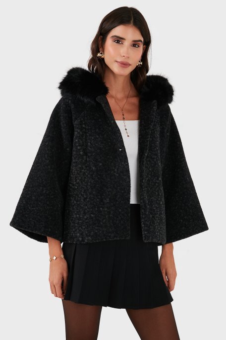 Via Dante Oversize Yumuşak Tüylü Kapüşonlu Truvakar Kol Astarlı Bayan Mont 690919 SİYAH - Via Dante