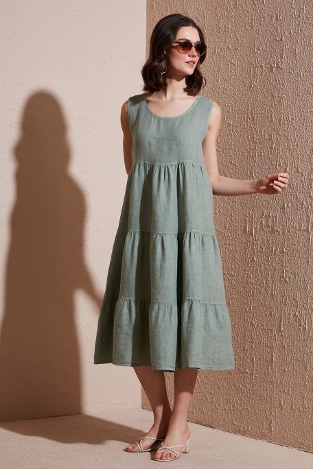 Via Dante Regular Fit Bisiklet Yaka Volanlı Midi Keten Bayan Elbise 7202544 HAKİ - Via Dante