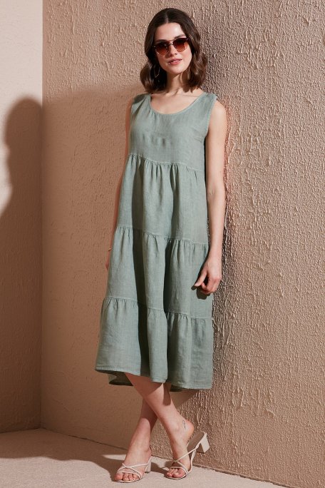 Via Dante Regular Fit Bisiklet Yaka Volanlı Midi Keten Bayan Elbise 7202544 HAKİ - Via Dante (1)