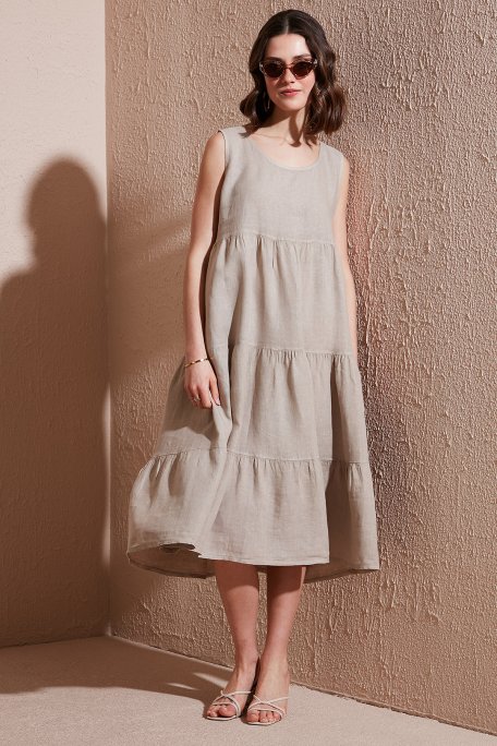 Via Dante Regular Fit Bisiklet Yaka Volanlı Midi Keten Bayan Elbise 7202687 TAŞ - Via Dante