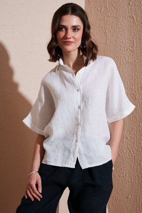 Via Dante Regular Fit Düz Yaka Kısa Kollu Keten Bayan Gömlek 5028714 EKRU - Via Dante