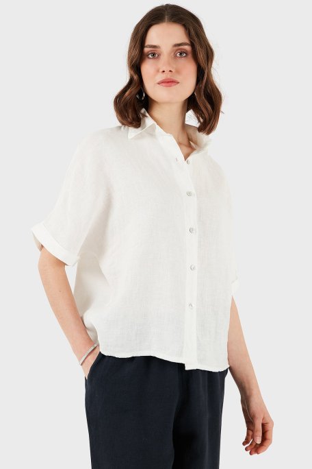Via Dante Regular Fit Düz Yaka Kısa Kollu Keten Bayan Gömlek 5028714 EKRU - Via Dante (1)