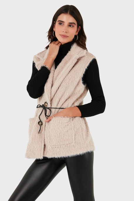 Via Dante Regular Fit Kruvaze Yaka Bağlama Detaylı Kürk Bayan Yelek 68821807 BEJ - Via Dante