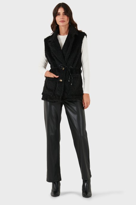 Via Dante Regular Fit Kruvaze Yaka Bağlama Detaylı Kürk Bayan Yelek 68821807 SİYAH - Via Dante (1)