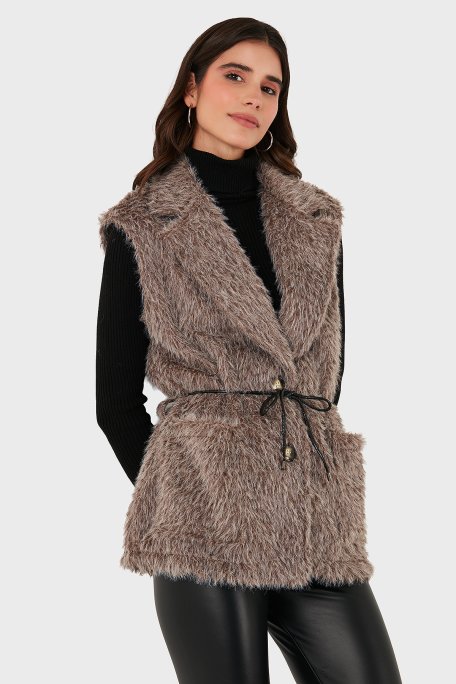 Via Dante Regular Fit Kruvaze Yaka Bağlama Detaylı Kürk Bayan Yelek 68821807 VİZON - Via Dante