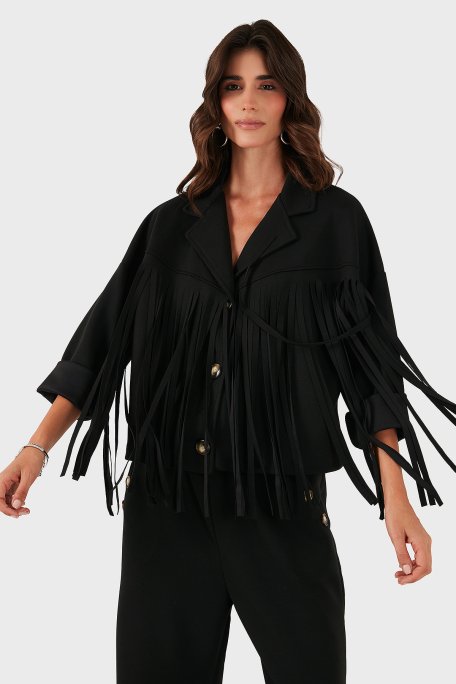 Via Dante Regular Fit Kruvaze Yaka Püsküllü Bayan Ceket 68821795 SİYAH - Via Dante