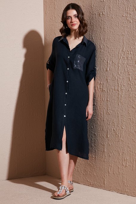 Via Dante Regular Fit Truvakar Kol Midi Keten Bayan Elbise 6689194 LACİVERT - Via Dante