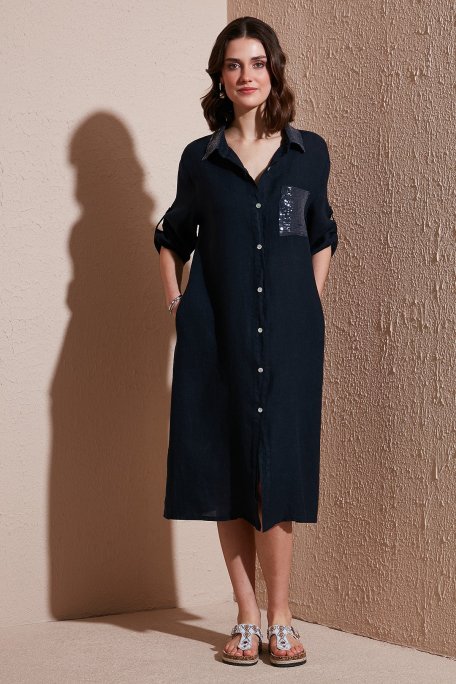 Via Dante Regular Fit Truvakar Kol Midi Keten Bayan Elbise 6689194 LACİVERT - Via Dante (1)