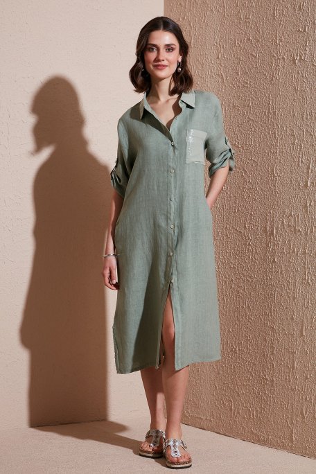 Via Dante Regular Fit Truvakar Kol Midi Keten Bayan Elbise 6689544 HAKİ - Via Dante