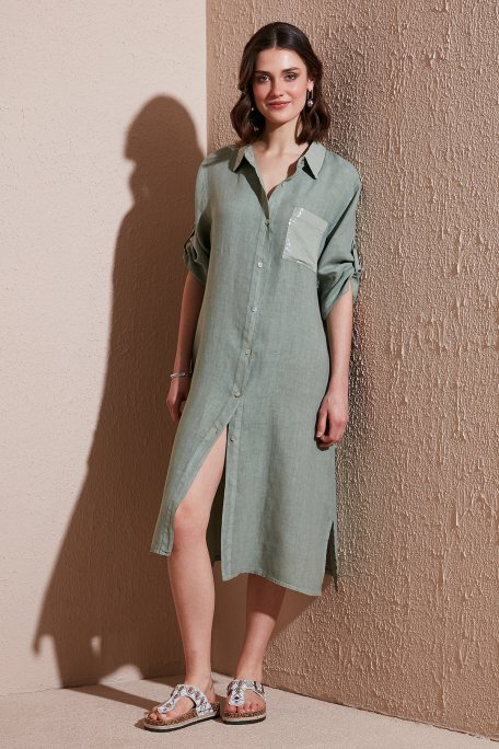 Via Dante Regular Fit Truvakar Kol Midi Keten Bayan Elbise 6689544 HAKİ - Via Dante (1)