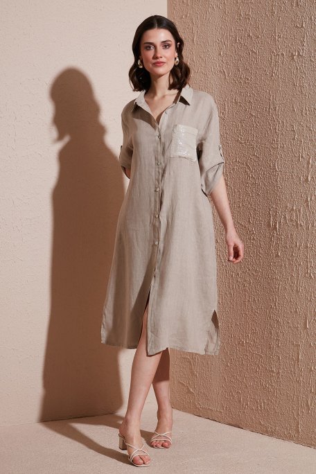 Via Dante Regular Fit Truvakar Kol Midi Keten Bayan Elbise 6689687 TAŞ - Via Dante