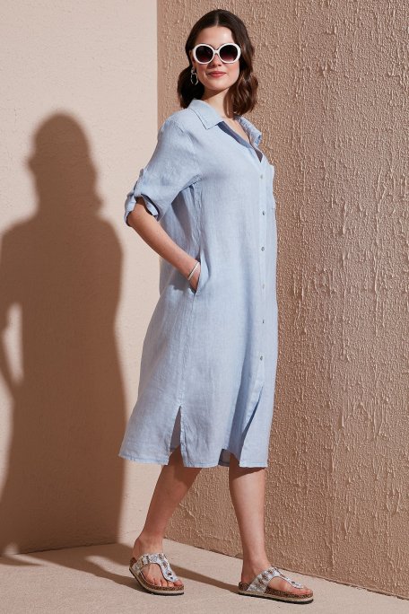 Via Dante Regular Fit Truvakar Kol Midi Keten Bayan Elbise 6689690 AÇIK MAVİ - Via Dante