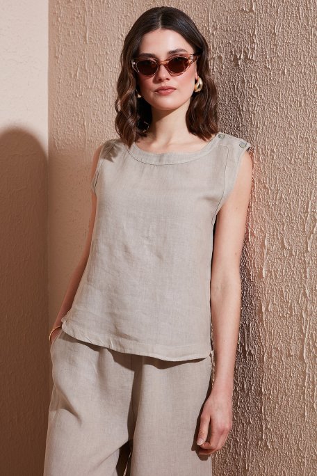 Via Dante Regular Fit Yuvarlak Yaka Oval Kesim Keten Bayan Top 6251687 TAŞ - Via Dante