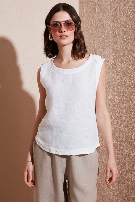 Via Dante Regular Fit Yuvarlak Yaka Oval Kesim Keten Kadın Top 6251714 EKRU - Via Dante