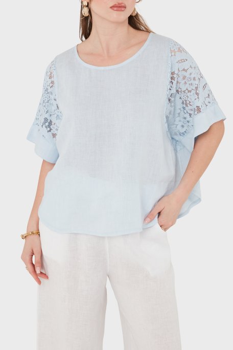Via Dante Relaxed Fit Dantel Detaylı Keten Kadın Bluz 7222P MAVİ - Via Dante