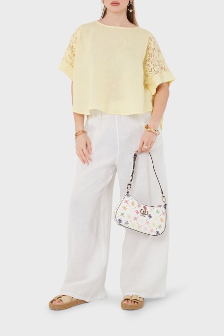 Via Dante Relaxed Fit Dantel Detaylı Keten Kadın Bluz 7222P SARI - Via Dante (1)