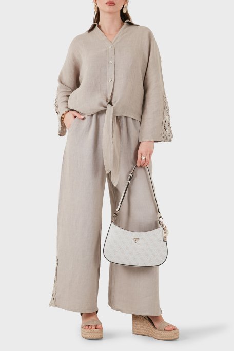 Via Dante Relaxed Fit Güpür Detaylı Bol Paça Keten Kadın Pantolon 699E10941 VİZON - Via Dante