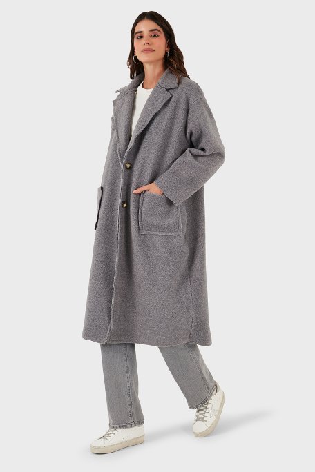Via Dante Relaxed Fit Kruvaze Yaka Düğmeli Uzun Bayan Kaban 68821012 GRİ - Via Dante