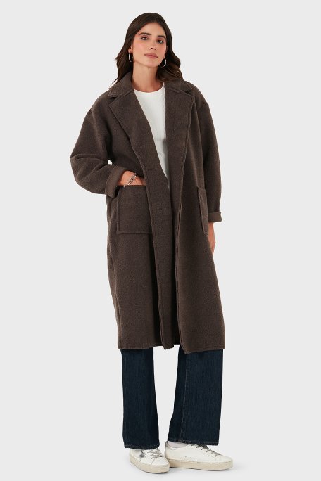 Via Dante Relaxed Fit Kruvaze Yaka Düğmeli Uzun Bayan Kaban 68821012 KAHVE - Via Dante