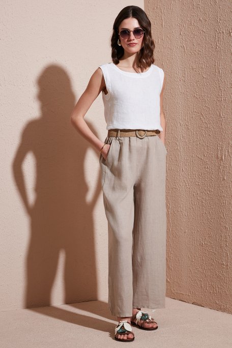 Via Dante Relaxed Fit Normal Bel Bol Paça Kemerli Keten Kadın Pantolon 5056687 TAŞ - Via Dante