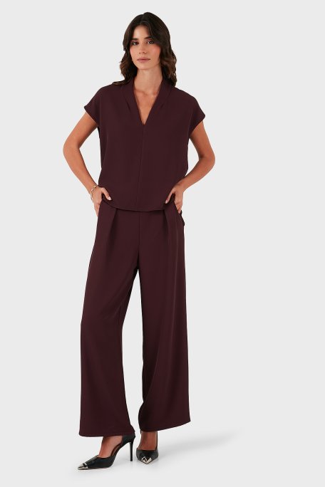 Via Dante Relaxed Fit V Yaka Kısa Kollu Bayan Bluz 268755088 BORDO - Via Dante (1)