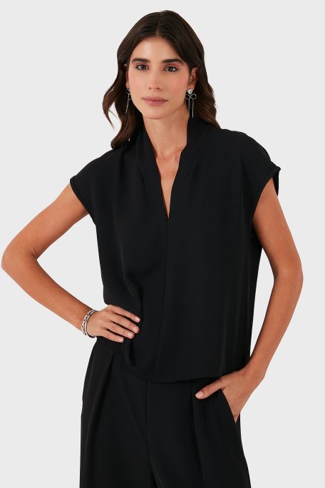 Via Dante Relaxed Fit V Yaka Kısa Kollu Bayan Bluz 268755088 SİYAH - Via Dante