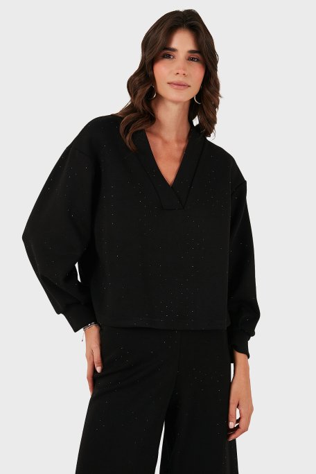 Via Dante Taşlı Oversize Fit V Yaka Bayan Bluz 268793733 SİYAH - Via Dante