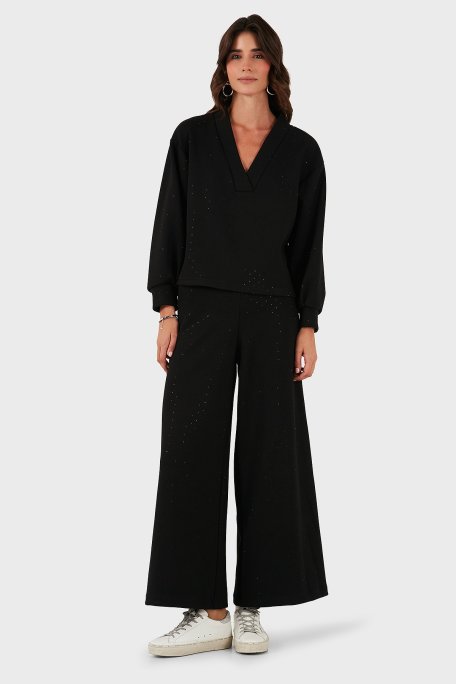 Via Dante Taşlı Regular Fit Normal Bel Geniş Paça Kadın Pantolon 268793735 SİYAH - Via Dante (1)