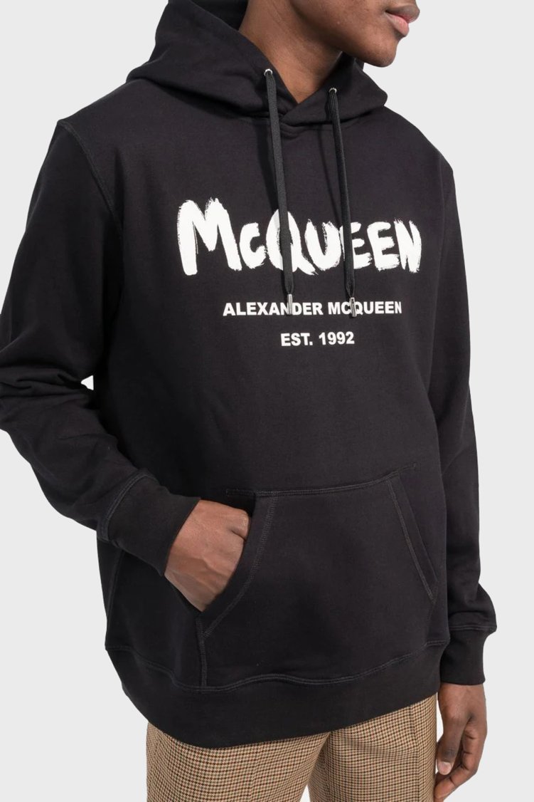 Mcqueen Baskılı % 100 Pamuk Kapüşonlu Oversize Erkek Sweat 688715QTZ81 0901 SİYAH - McQueen