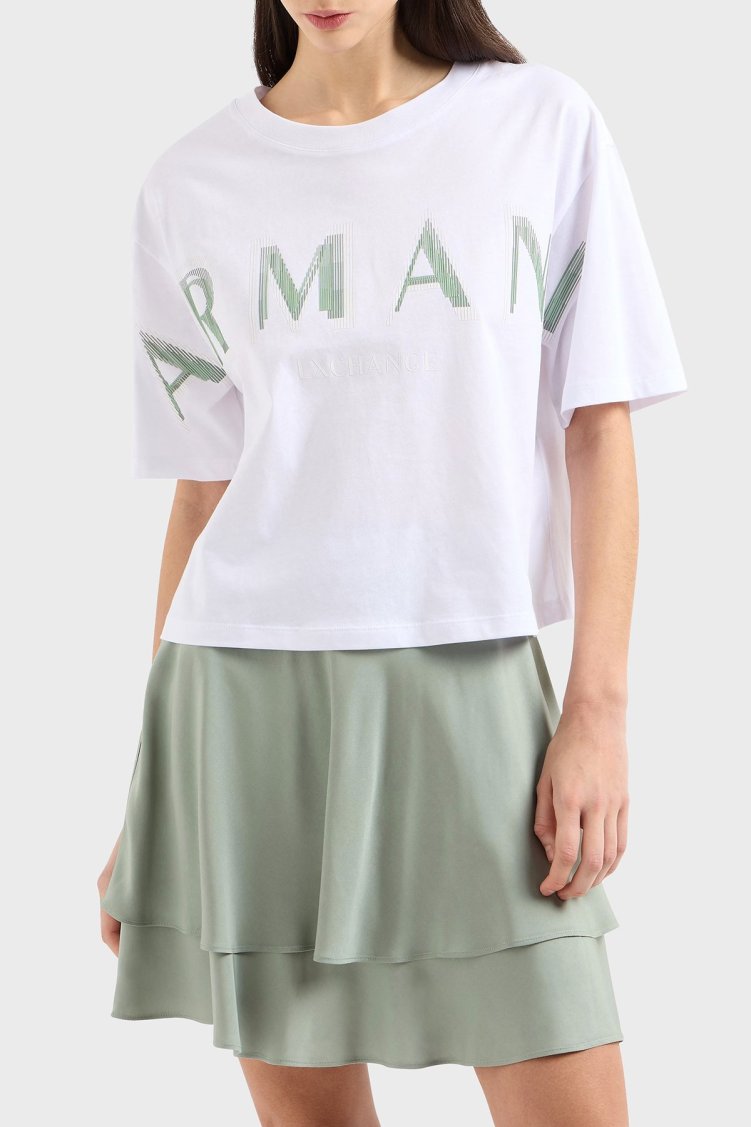Armani Exchage % 100 Pamuk Cropped Fit Bisiklet Yaka Logolu Kadın T Shirt XW000520 AF10359 U0002 BEYAZ - Armani Exchange