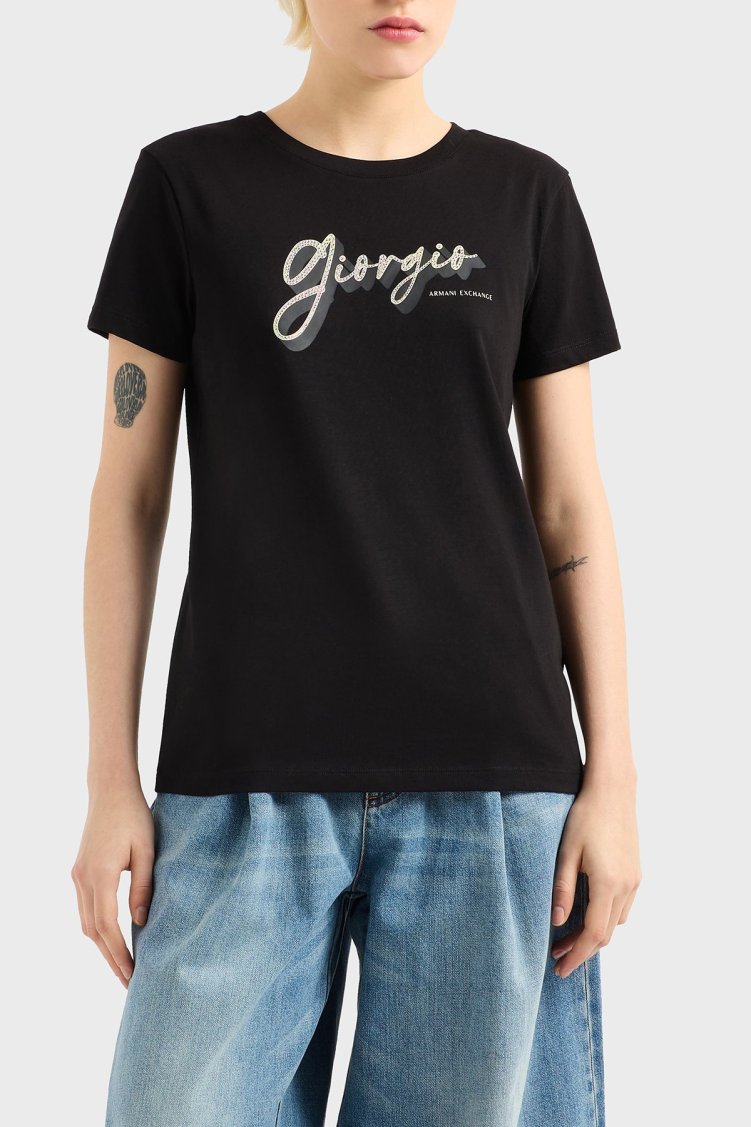 Armani Exchage % 100 Pamuk Regular Fit Bisiklet Yaka Baskılı Bayan T Shirt XW000542 AF10359 UC001 SİYAH - Armani Exchange