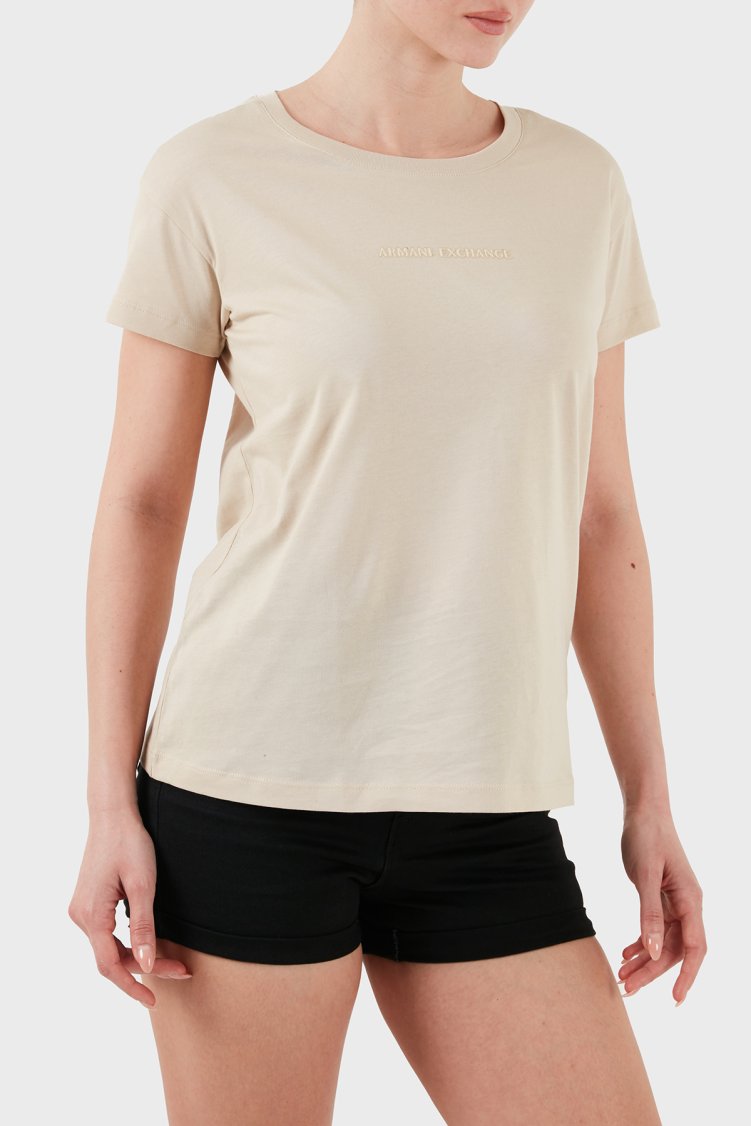 Armani Exchage % 100 Pamuk Regular Fit Bisiklet Yaka Logolu Kadın T Shirt XW000534 AF10359 U1092 Krem - Armani Exchange
