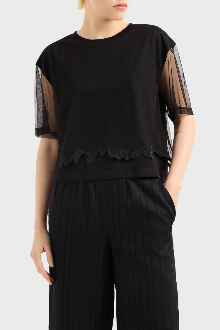 Armani Exchage % 100 Pamuk Regular Fit Tül Detaylı Crop Kadın T Shirt XW000541 AF10359 UC001 Siyah - Armani Exchange