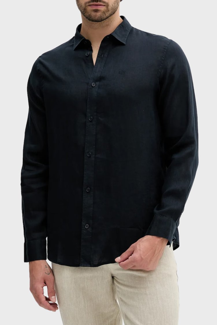 Armani Exchange % 100 Keten Normal Kalıp Klasik Yaka Erkek Gömlek XM001221 AF14619 UB101 LACİVERT - Armani Exchange