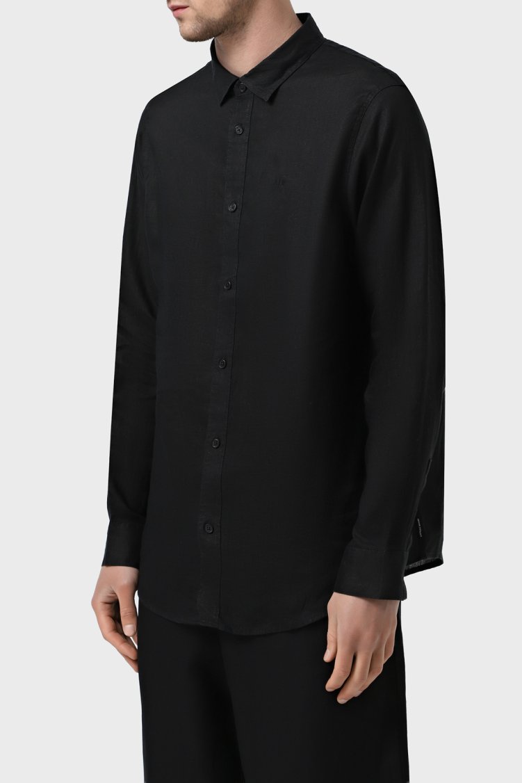 Armani Exchange % 100 Keten Normal Kalıp Klasik Yaka Erkek Gömlek XM001221 AF14619 UC001 SİYAH - Armani Exchange