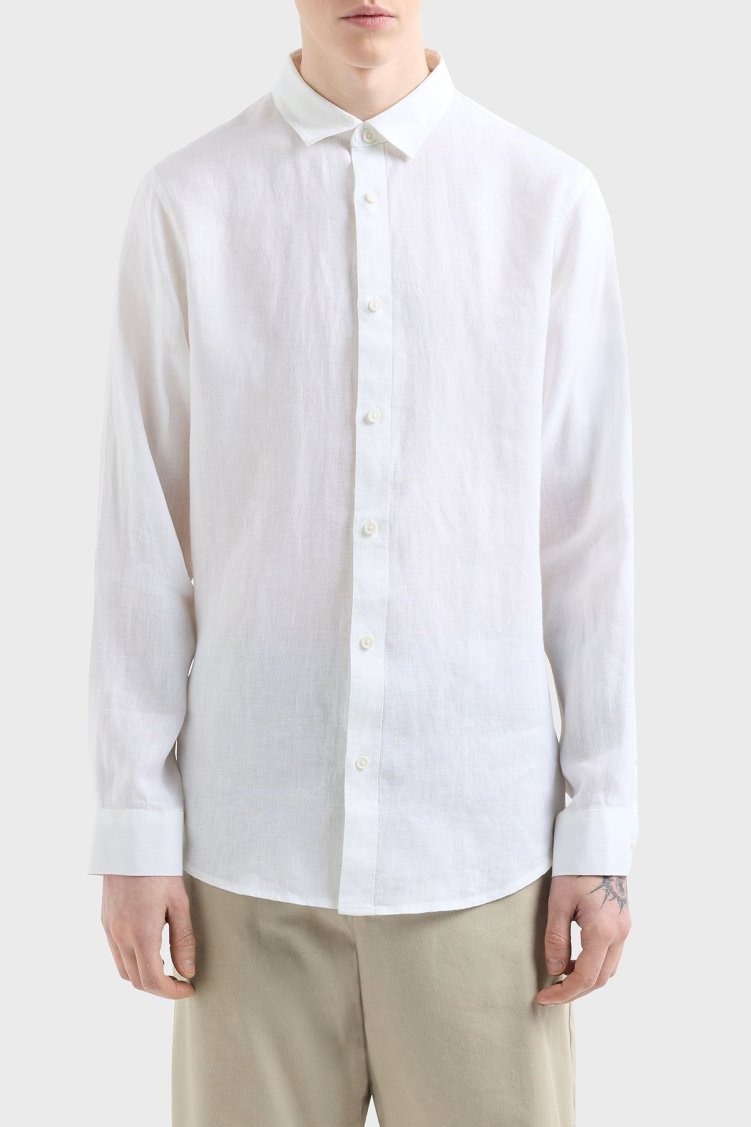 Armani Exchange % 100 Keten Regular Fit Düz Yaka Erkek Gömlek XM001221 AF14619 U0001 BEYAZ - Armani Exchange