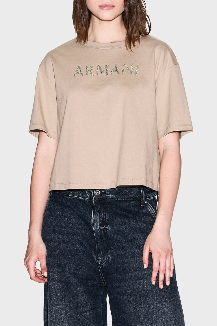 Armani Exchange % 100 Pamuk Cropped Fit Bisiklet Yaka Logolu Bayan T Shirt XW001364 AF15085 U1051 KUM BEJİ - Armani Exchange