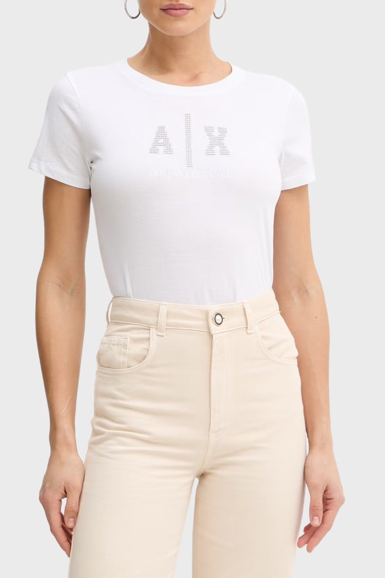 Armani Exchange % 100 Pamuk Logolu Bisiklet Yaka Kadın T Shirt XW002348 AF10356 U0002 Beyaz - Armani Exchange