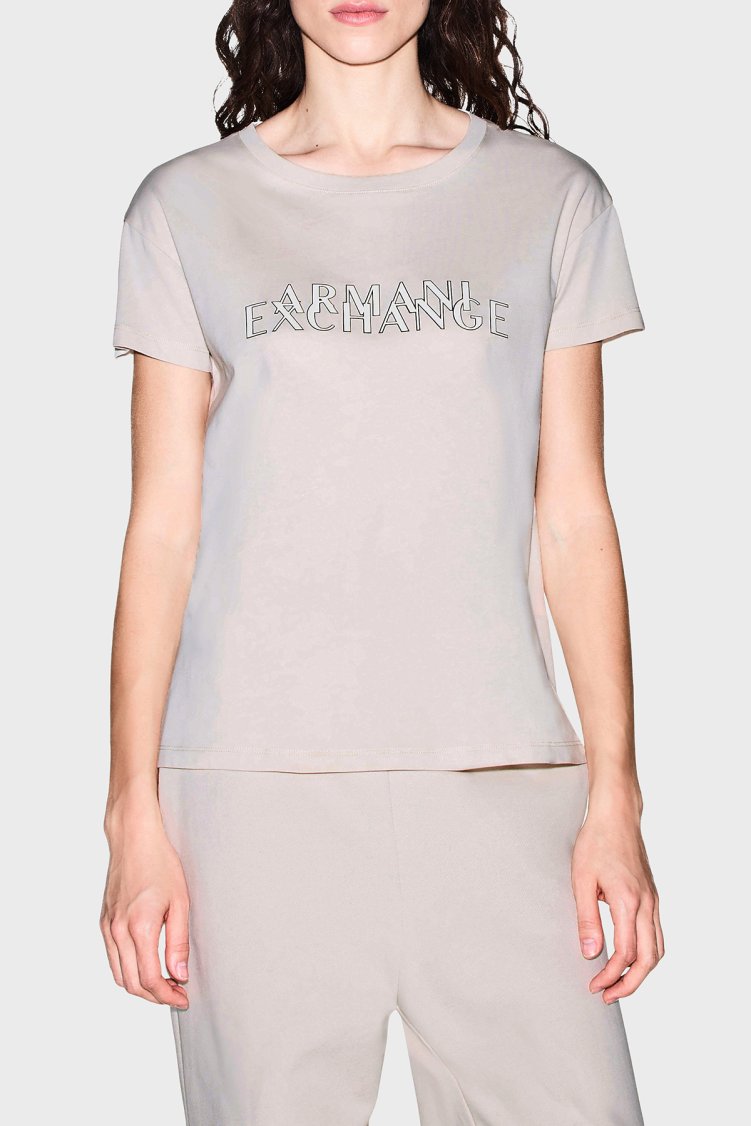 Armani Exchange %100 Pamuk Logolu Bisiklet Yaka Kadın T Shirt XW002957 AF10356 U1039 Ekru - Armani Exchange