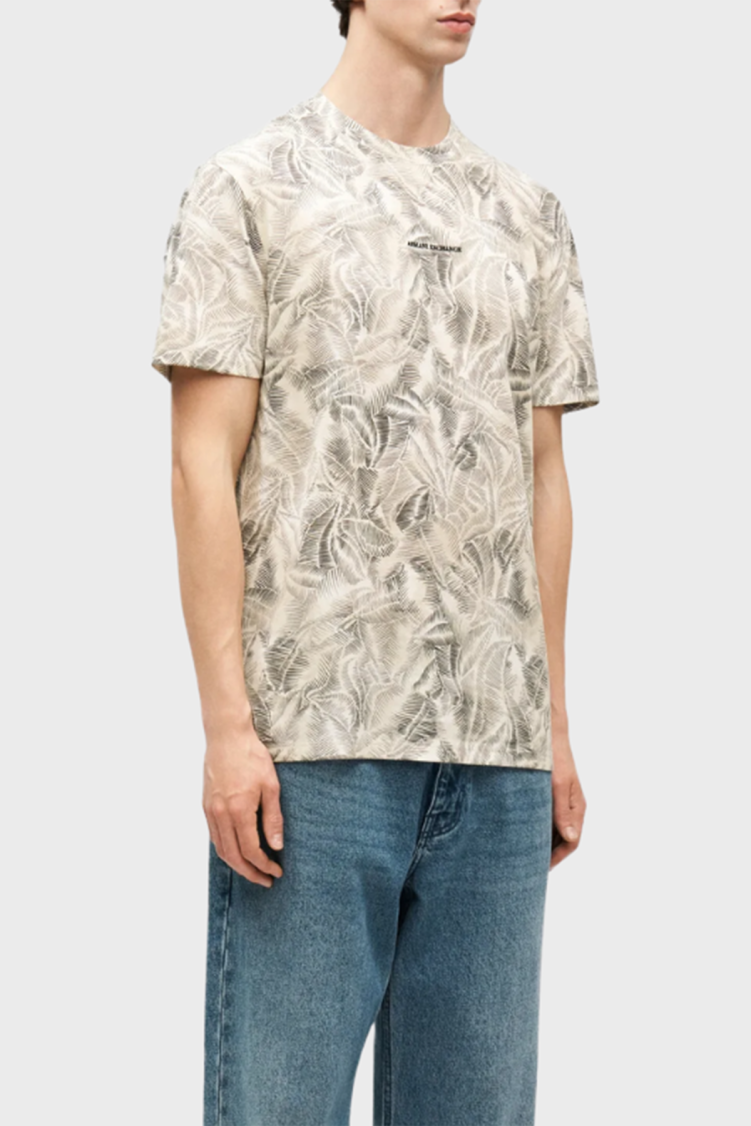 Armani Exchange % 100 Pamuk Normal Kalıp Bisiklet Yaka Desenli Erkek T Shirt XM002502 AF10358 F1146 Krem-Bej - Armani Exchange