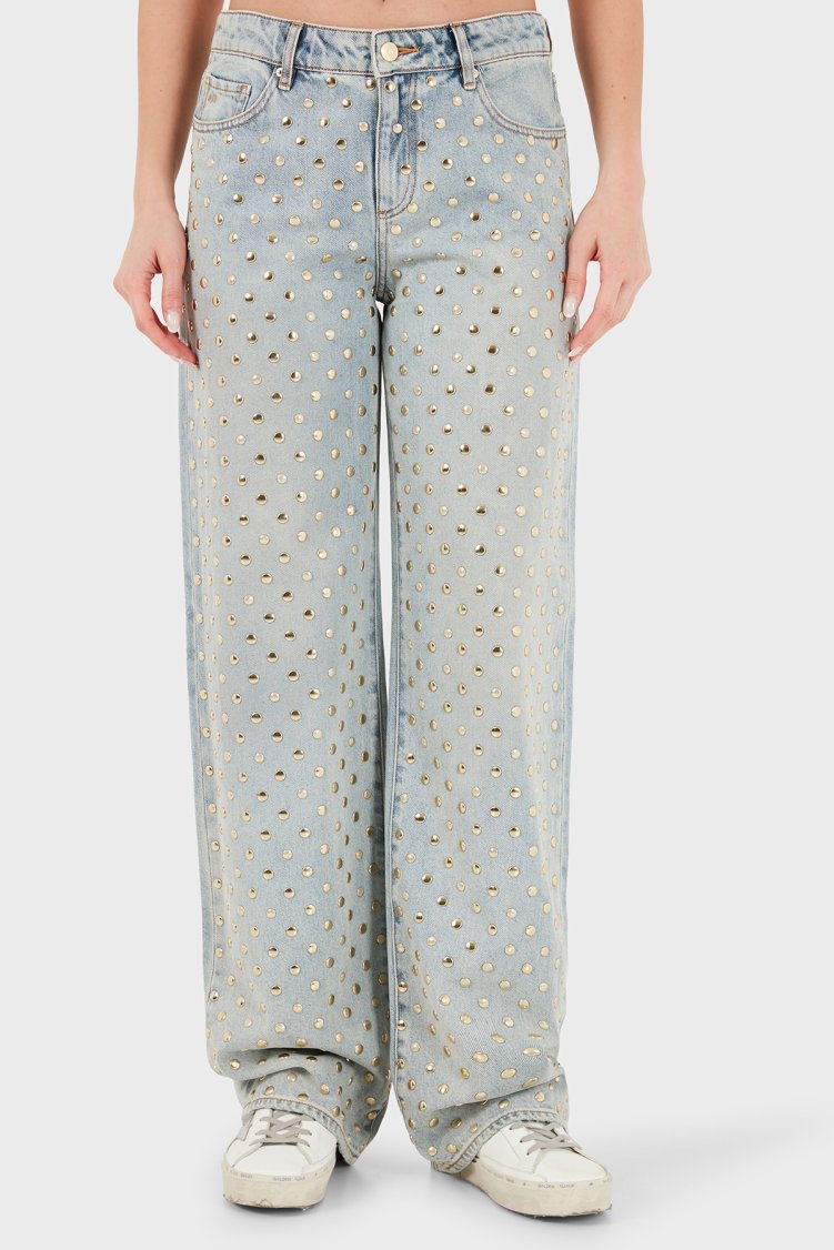 Armani Exchange %100 Pamuk Oversize Fit Zımba Detaylı Jeans Kadın Kot Pantolon XW000056 AF25775 MB003 Açık mavi - Armani Exchange