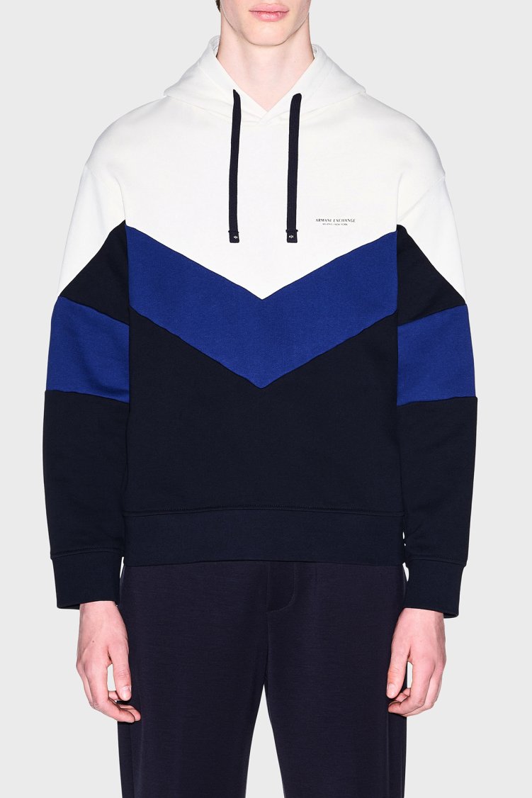 Armani Exchange % 100 Pamuk Regular Fit Kapüşonlu Erkek Sweat XM002963 AF20934 M0378 Beyaz-lacivert - Armani Exchange