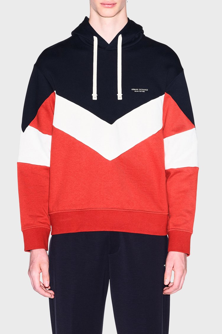 Armani Exchange % 100 Pamuk Regular Fit Kapüşonlu Erkek Sweat XM002963 AF20934 MB749 Lacivert-beyaz - Armani Exchange